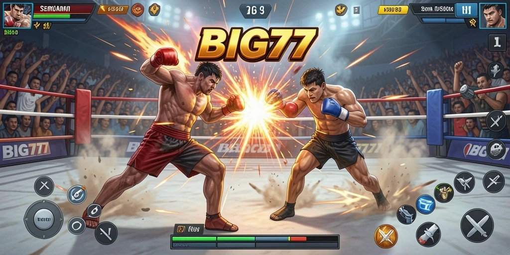 Screenshot gameplay BIG77 menampilkan pertarungan intens antara karakter-karakter yang kuat.