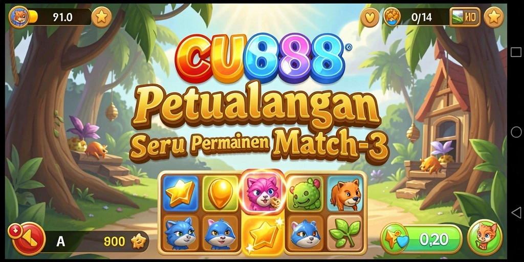 Tampilan game Match-3 yang memukau dengan kombinasi warna cerah.