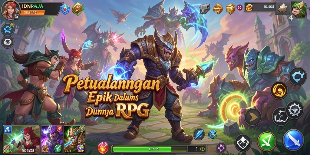 Screenshot gameplay IDNRAJA menampilkan pertarungan epik dan eksplorasi.