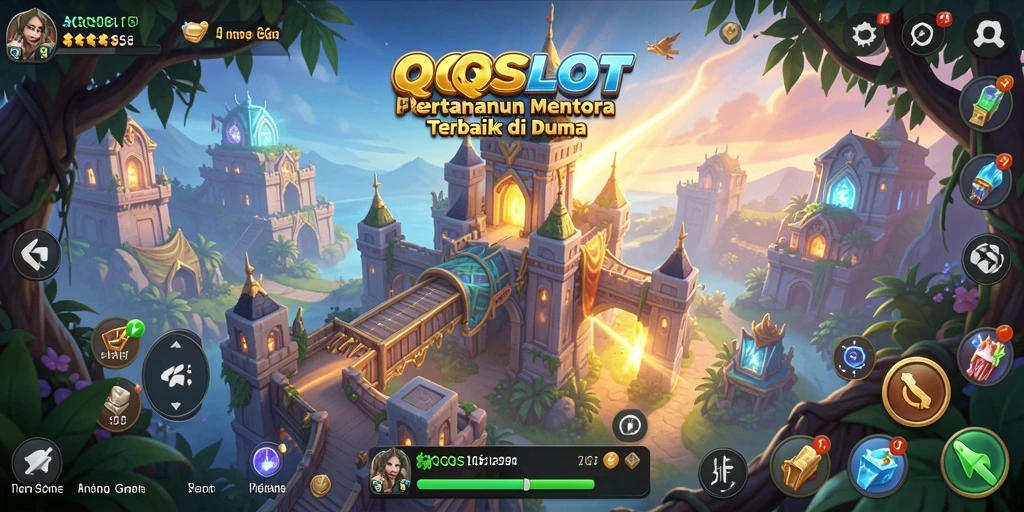 Screenshot utama QQSLOT menunjukkan aksi intens dalam pertahanan menara.