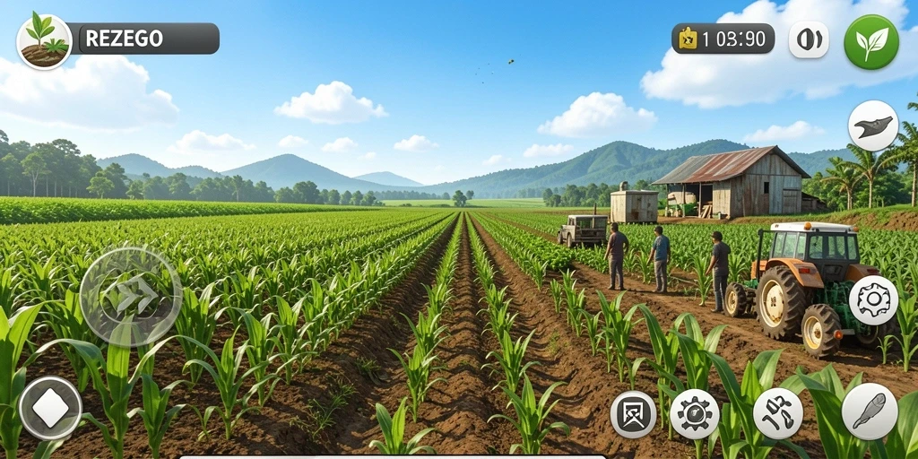 Tangkapan layar utama REZEGO menampilkan gameplay pertanian yang menarik.