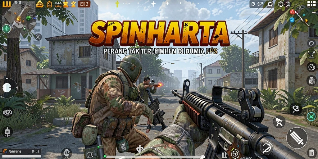 Tampilan gameplay SPINHARTA yang penuh aksi FPS.