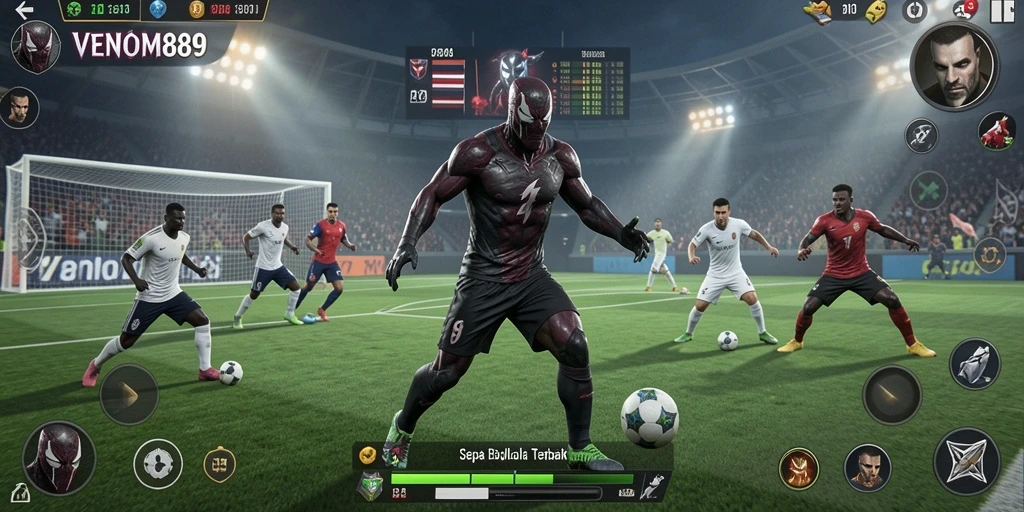 Screenshot gameplay <strong>VENOM889</strong> menampilkan aksi pertandingan sepak bola yang mendebarkan.